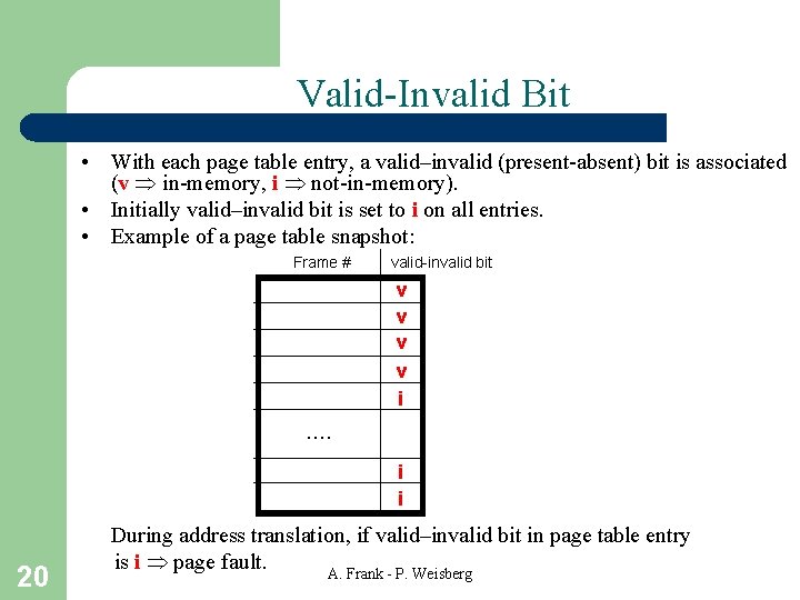 Valid-Invalid Bit • With each page table entry, a valid–invalid (present-absent) bit is associated