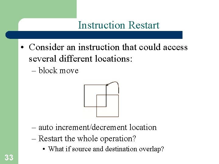 Instruction Restart • Consider an instruction that could access several different locations: – block