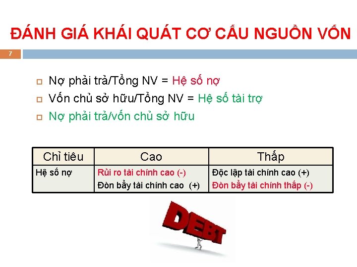 ĐÁNH GIÁ KHÁI QUÁT CƠ CẤU NGUỒN VỐN 7 Nợ phải trả/Tổng NV =