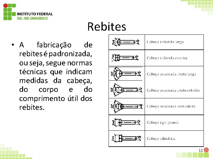 Rebites • A fabricação de rebites é padronizada, ou seja, segue normas técnicas que