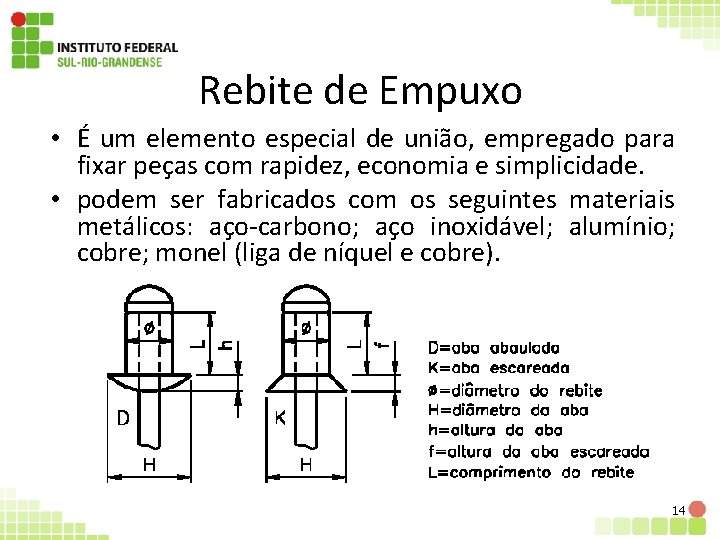 Rebite de Empuxo • É um elemento especial de união, empregado para fixar peças