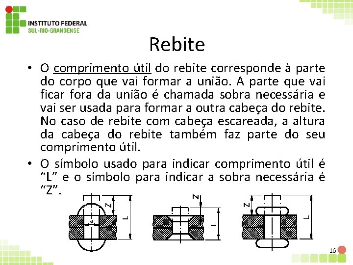 Rebite • O comprimento útil do rebite corresponde à parte do corpo que vai