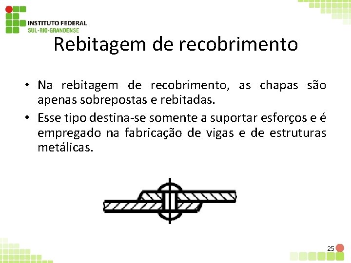Rebitagem de recobrimento • Na rebitagem de recobrimento, as chapas são apenas sobrepostas e