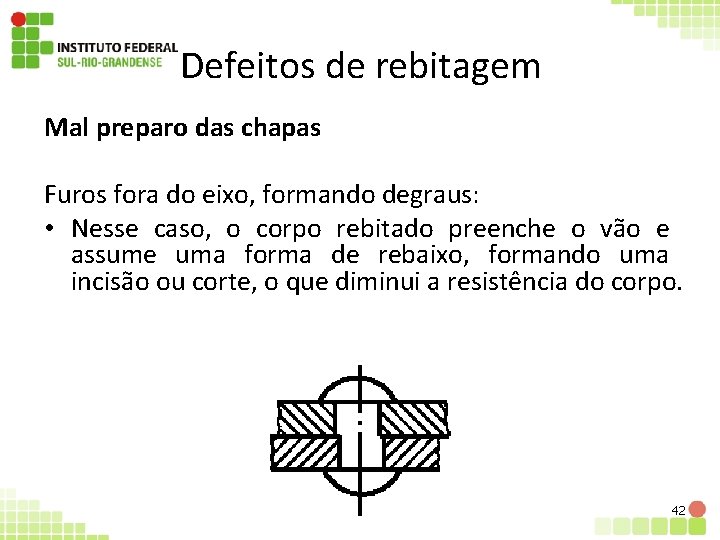 Defeitos de rebitagem Mal preparo das chapas Furos fora do eixo, formando degraus: •