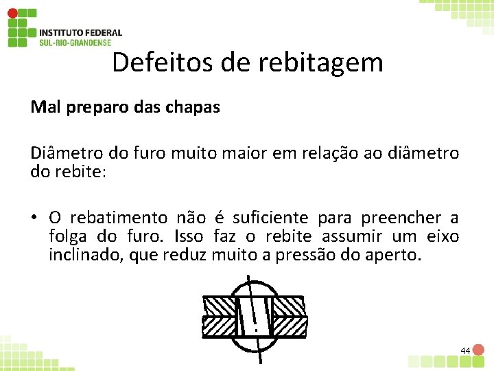 Defeitos de rebitagem Mal preparo das chapas Diâmetro do furo muito maior em relação