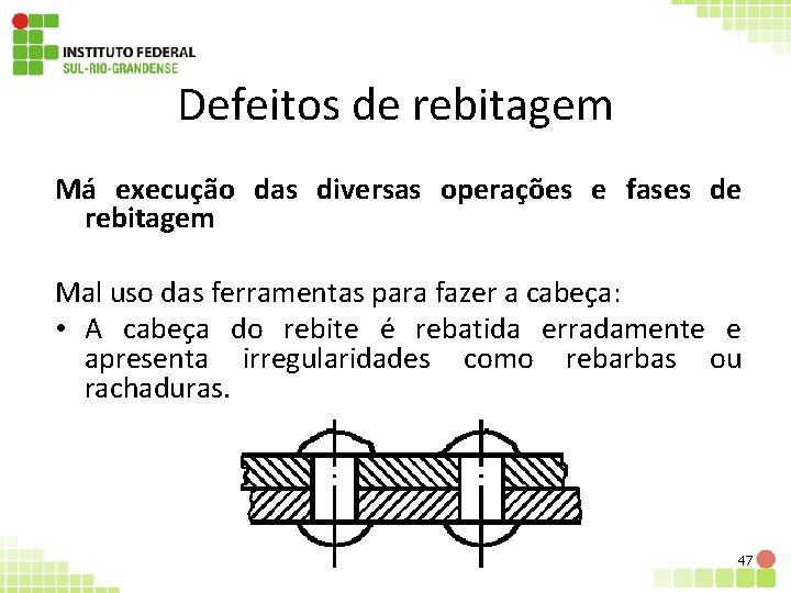 Defeitos de rebitagem Má execução das diversas operações e fases de rebitagem Mal uso