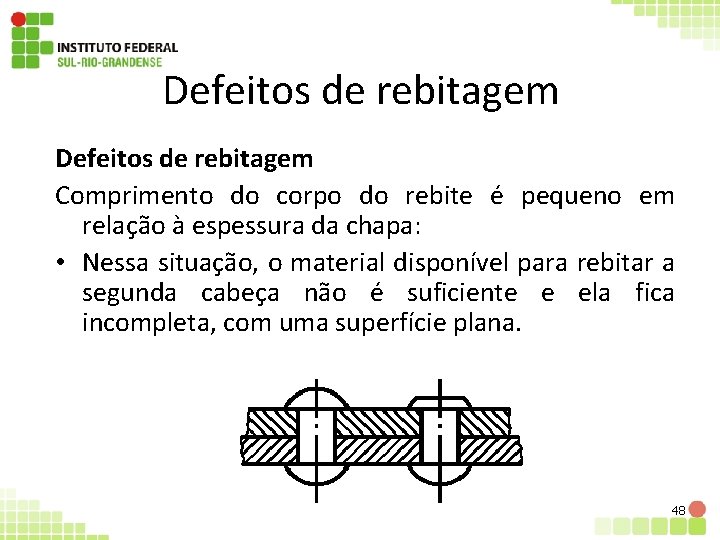 Defeitos de rebitagem Comprimento do corpo do rebite é pequeno em relação à espessura