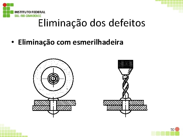 Eliminação dos defeitos • Eliminação com esmerilhadeira 50 