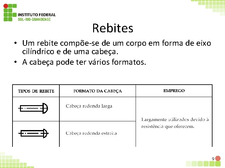 Rebites • Um rebite compõe-se de um corpo em forma de eixo cilíndrico e