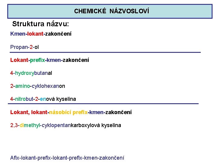 CHEMICKÉ NÁZVOSLOVÍ Struktura názvu: Kmen-lokant-zakončení Propan-2 -ol Lokant-prefix-kmen-zakončení 4 -hydroxybutanal 2 -amino-cyklohexanon 4 -nitrobut-2