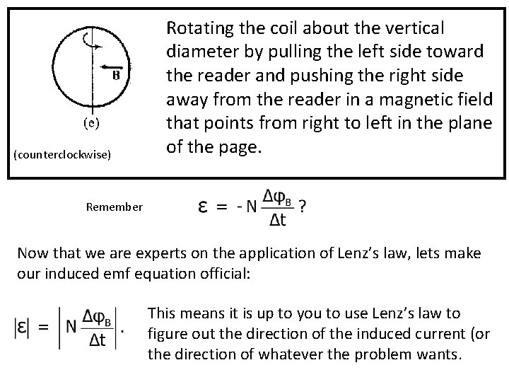 (counterclockwise) Rotating the coil about the vertical diameter by pulling the left side toward