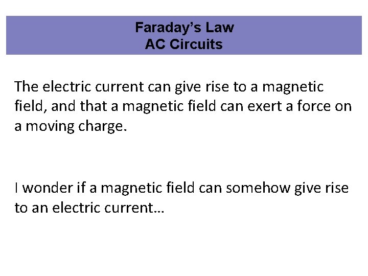 Faraday’s Law AC Circuits The electric current can give rise to a magnetic field,