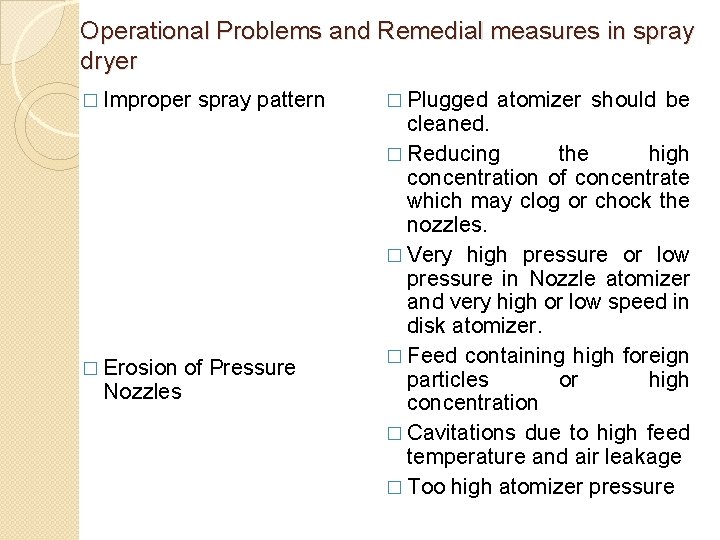Operational Problems and Remedial measures in spray dryer � Improper � Erosion Nozzles spray Operational Problems and Remedial measures in spray dryer � Improper � Erosion Nozzles spray