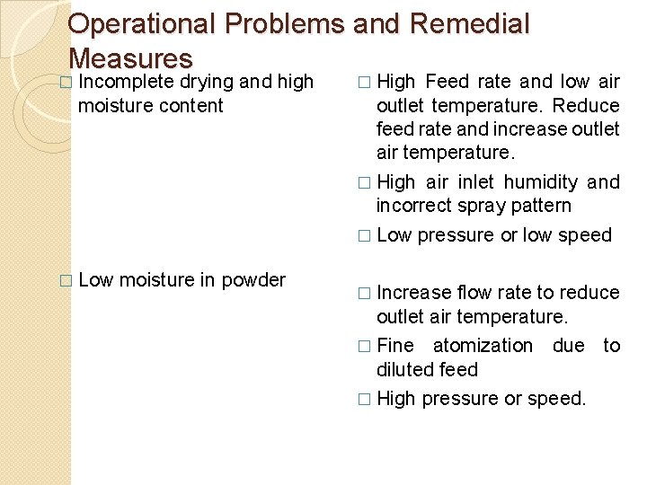 Operational Problems and Remedial Measures � Incomplete drying and high moisture content � Low Operational Problems and Remedial Measures � Incomplete drying and high moisture content � Low