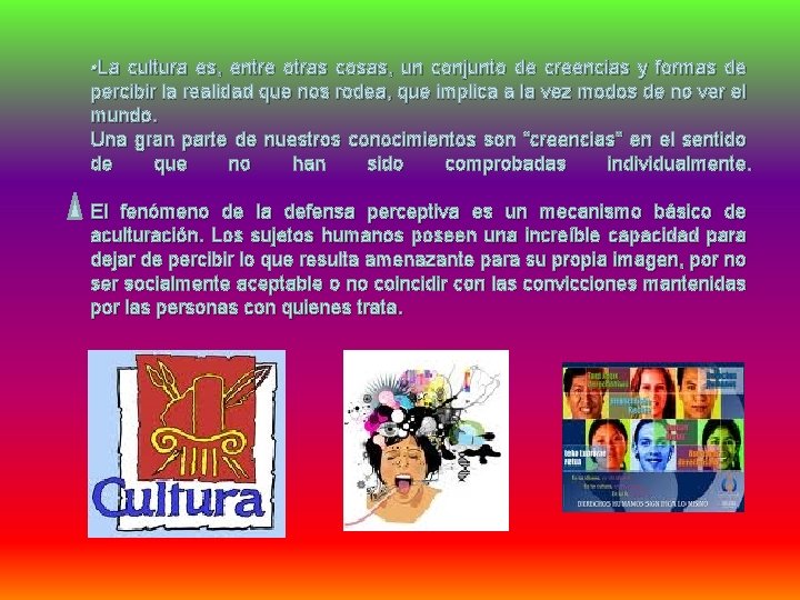  • La cultura es, entre otras cosas, un conjunto de creencias y formas
