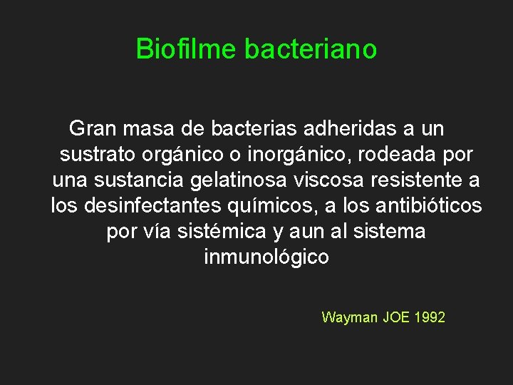 Biofilme bacteriano Gran masa de bacterias adheridas a un sustrato orgánico o inorgánico, rodeada