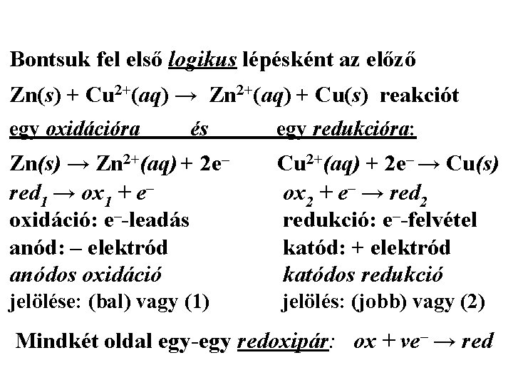 Bontsuk fel első logikus lépésként az előző Zn(s) + Cu 2+(aq) → Zn 2+(aq)