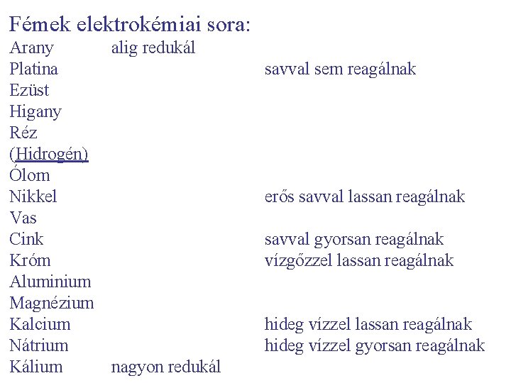 Fémek elektrokémiai sora: Arany alig redukál Platina Ezüst Higany Réz (Hidrogén) Ólom Nikkel Vas