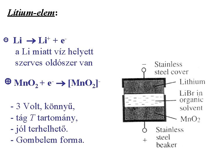 Lítium-elem: ⊝ Li Li+ + e- a Li miatt víz helyett szerves oldószer van