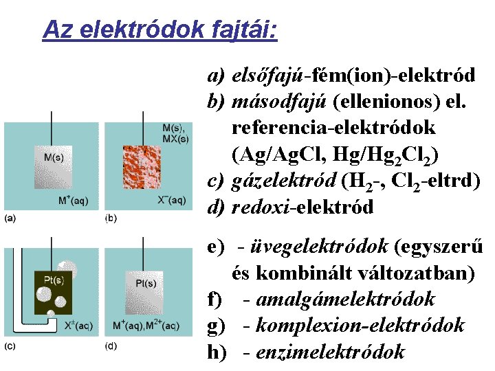 Az elektródok fajtái: a) elsőfajú-fém(ion)-elektród b) másodfajú (ellenionos) el. referencia-elektródok (Ag/Ag. Cl, Hg/Hg 2