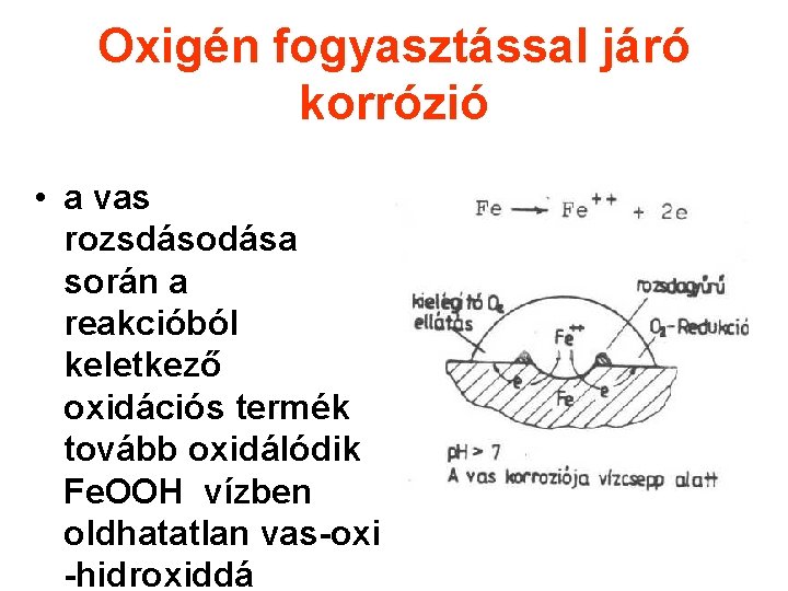 Oxigén fogyasztással járó korrózió • a vas rozsdásodása során a reakcióból keletkező oxidációs termék