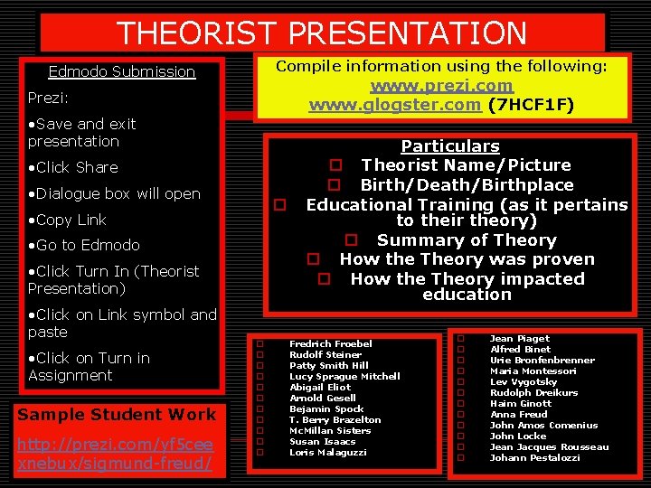 THEORIST PRESENTATION Compile information using the following: Edmodo Submission www. prezi. com www. glogster.