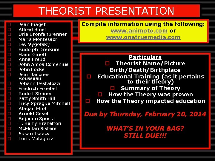 THEORIST PRESENTATION o o o o o o Jean Piaget Alfred Binet Urie Bronfenbrenner