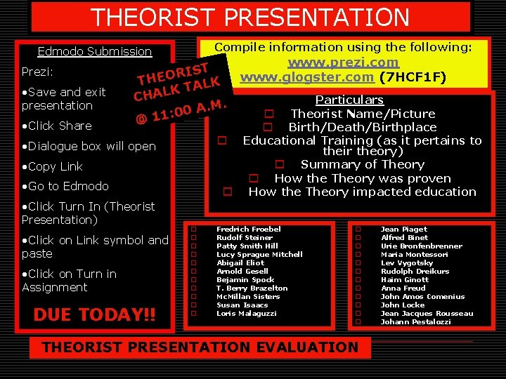THEORIST PRESENTATION Compile information using the following: Edmodo Submission Prezi: • Save and exit
