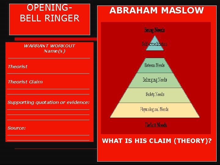 OPENING- BELL RINGER ABRAHAM MASLOW WARRANT WORKOUT Name(s) ______________ Theorist ______________ Theorist Claim ___________________________