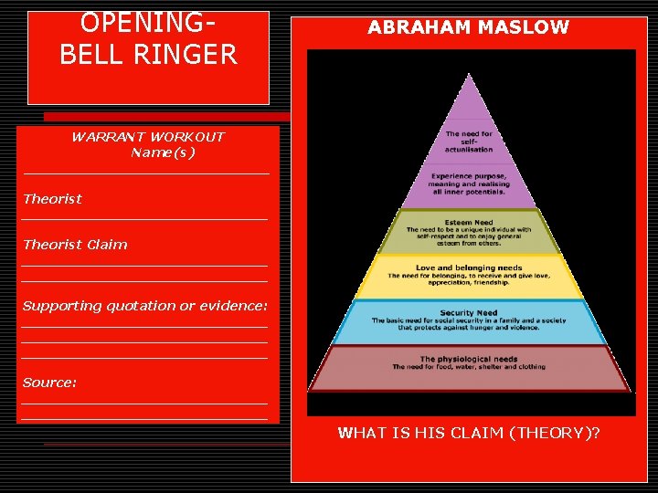 OPENING- BELL RINGER ABRAHAM MASLOW WARRANT WORKOUT Name(s) ______________ Theorist ______________ Theorist Claim ___________________________