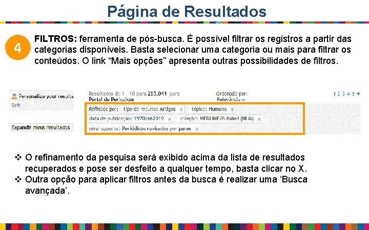 Página de Resultados 4 FILTROS: ferramenta de pós-busca. É possível filtrar os registros a