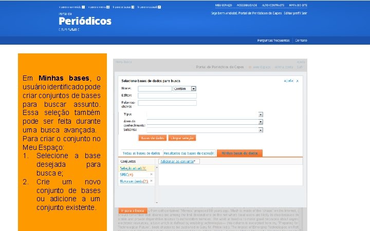 Em Minhas bases, o usuário identificado pode criar conjuntos de bases para buscar assunto.