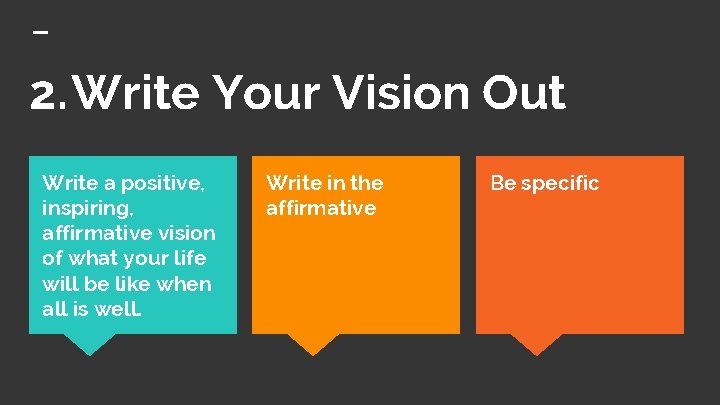 2. Write Your Vision Out Write a positive, inspiring, affirmative vision of what your