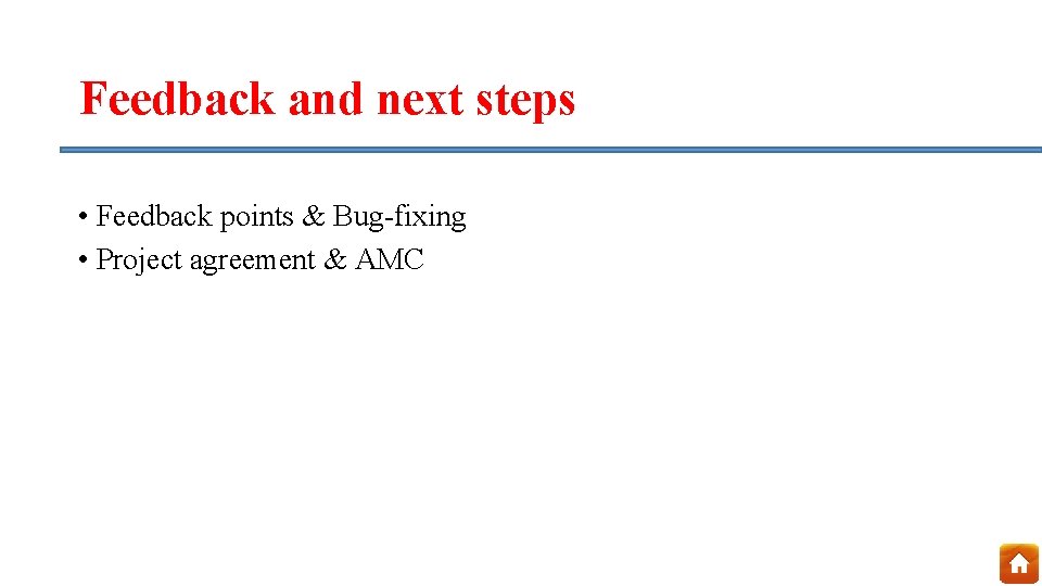 Feedback and next steps • Feedback points & Bug-fixing • Project agreement & AMC