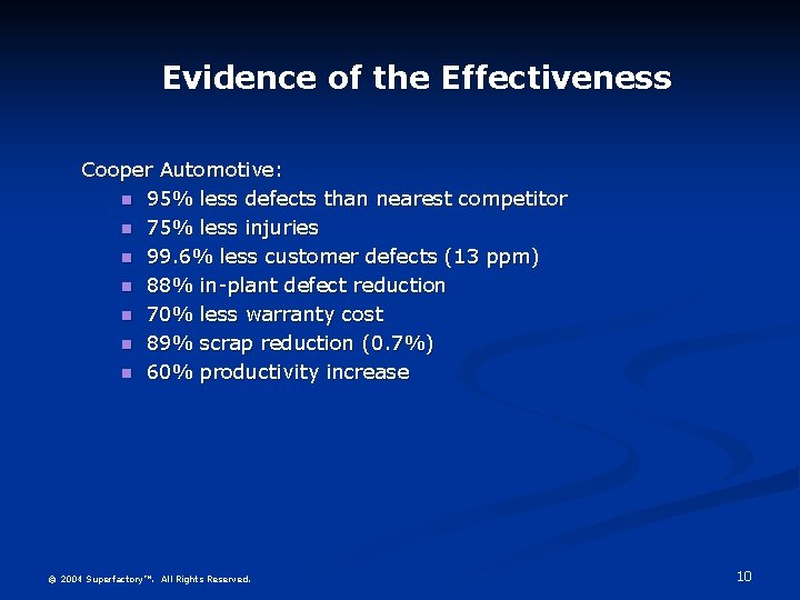 Evidence of the Effectiveness Cooper Automotive: n 95% less defects than nearest competitor n