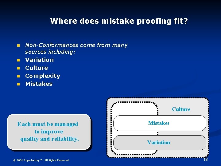 Where does mistake proofing fit? n n n Non-Conformances come from many sources including: