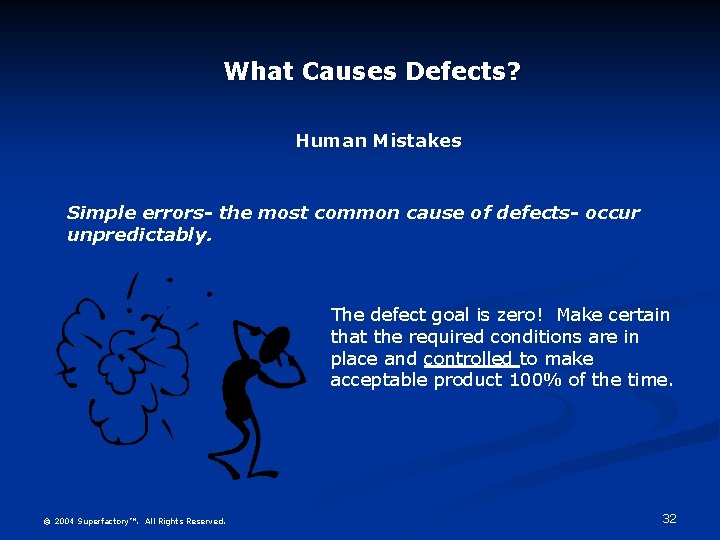 What Causes Defects? Human Mistakes Simple errors- the most common cause of defects- occur