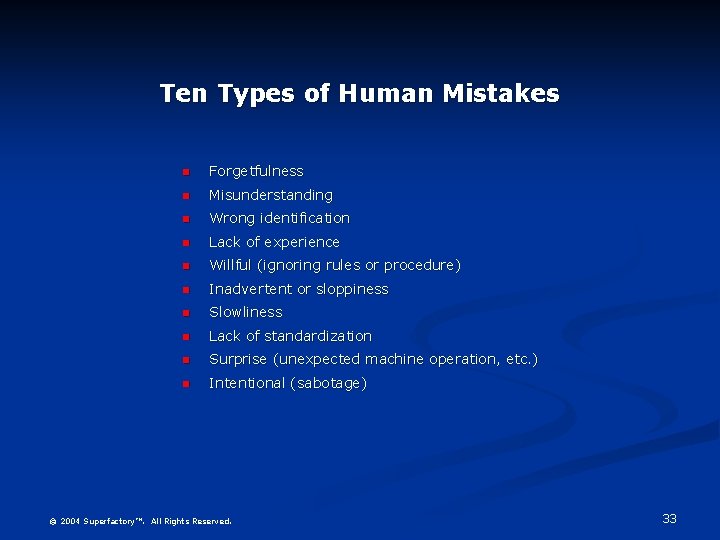 Ten Types of Human Mistakes n Forgetfulness n Misunderstanding n Wrong identification n Lack