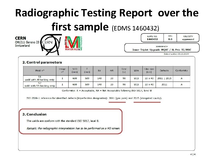 Radiographic Testing Report over the first sample (EDMS 1460432) 