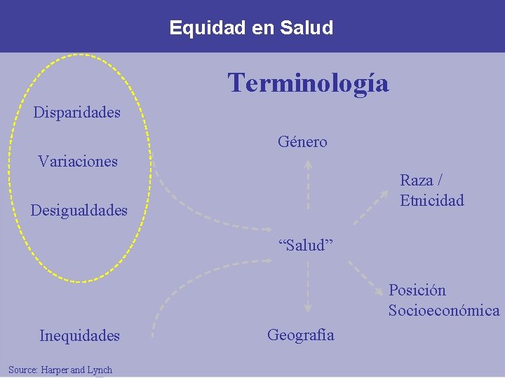 Equidad en Salud Terminología Disparidades Género Variaciones Raza / Etnicidad Desigualdades “Salud” Posición Socioeconómica Equidad en Salud Terminología Disparidades Género Variaciones Raza / Etnicidad Desigualdades “Salud” Posición Socioeconómica