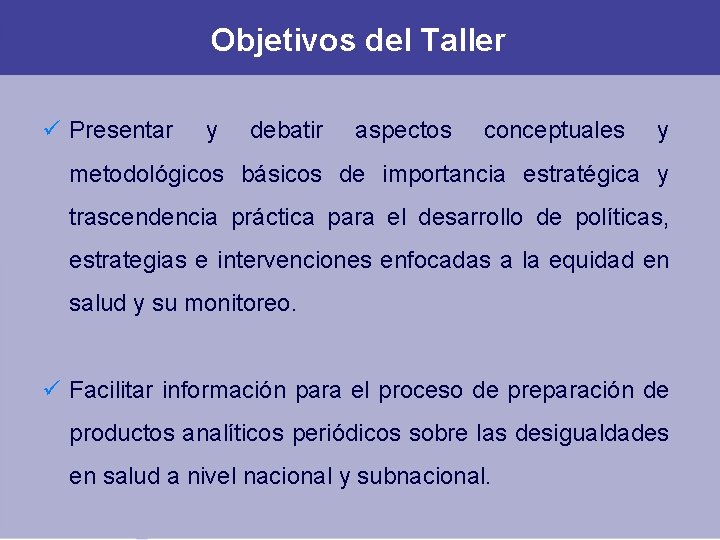 Objetivos del Taller Presentar y debatir aspectos conceptuales y metodológicos básicos de importancia estratégica Objetivos del Taller Presentar y debatir aspectos conceptuales y metodológicos básicos de importancia estratégica
