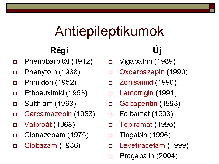 Antiepileptikumok Régi o o o o o Phenobarbitál (1912) Phenytoin (1938) Primidon (1952) Ethosuximid