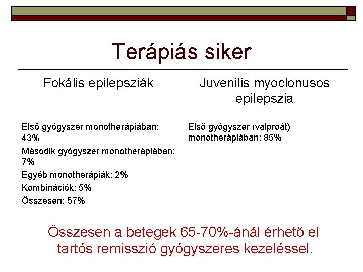 Terápiás siker Fokális epilepsziák Első gyógyszer monotherápiában: 43% Második gyógyszer monotherápiában: 7% Egyéb monotherápiák: