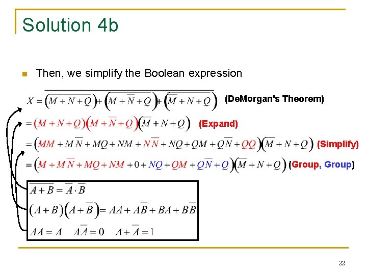 Solution 4 b n Then, we simplify the Boolean expression (De. Morgan's Theorem) (Expand) Solution 4 b n Then, we simplify the Boolean expression (De. Morgan's Theorem) (Expand)