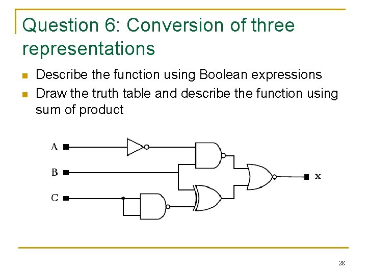 Question 6: Conversion of three representations n n Describe the function using Boolean expressions Question 6: Conversion of three representations n n Describe the function using Boolean expressions