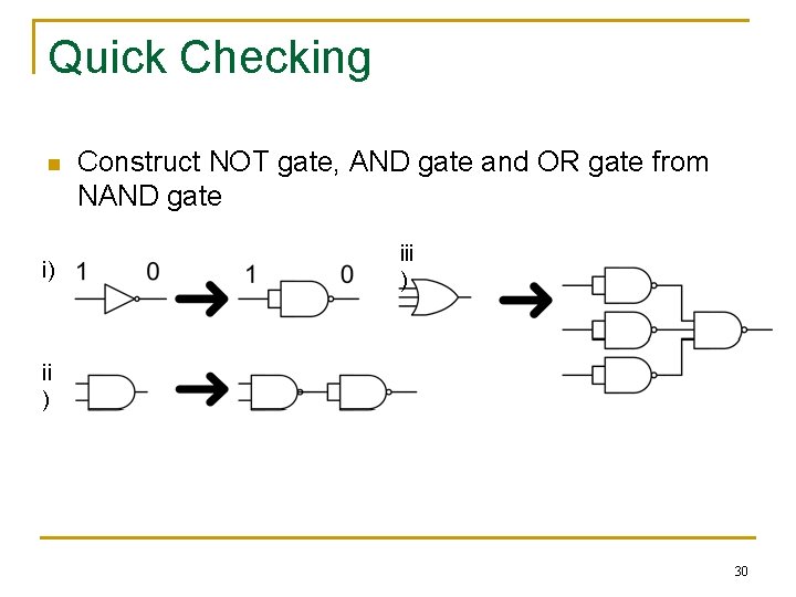 Quick Checking n i) Construct NOT gate, AND gate and OR gate from NAND Quick Checking n i) Construct NOT gate, AND gate and OR gate from NAND
