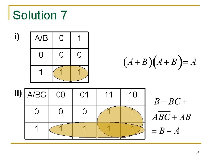 Solution 7 i) A/B 0 1 0 0 0 1 1 1 ii) A/BC Solution 7 i) A/B 0 1 0 0 0 1 1 1 ii) A/BC