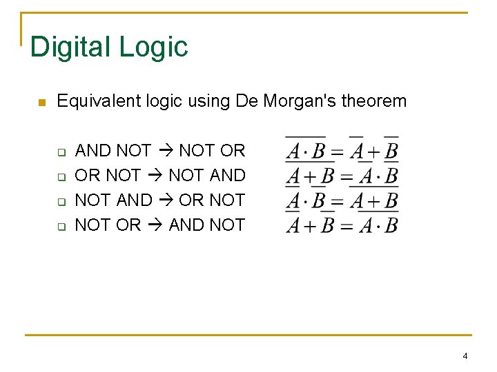 Digital Logic n Equivalent logic using De Morgan's theorem q q AND NOT OR Digital Logic n Equivalent logic using De Morgan's theorem q q AND NOT OR