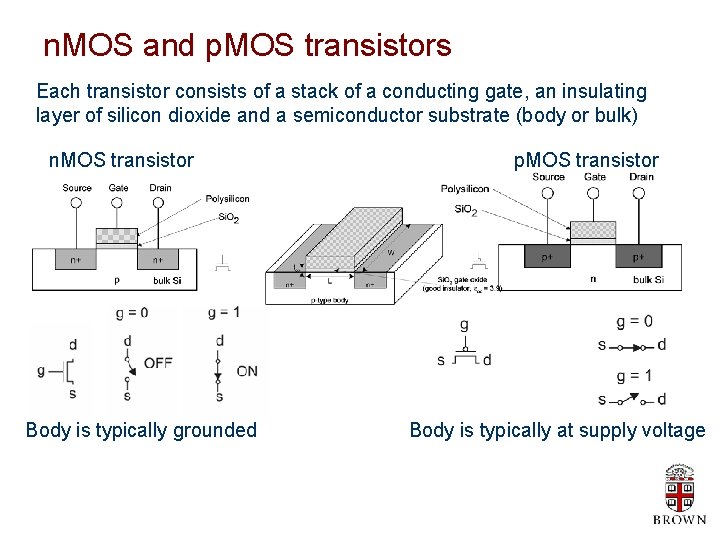 n. MOS and p. MOS transistors Each transistor consists of a stack of a