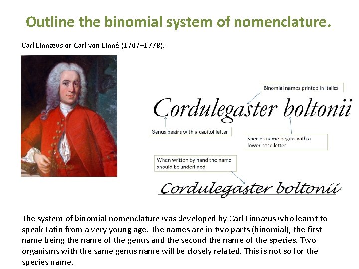 Outline the binomial system of nomenclature. Carl Linnæus or Carl von Linné (1707– 1778). Outline the binomial system of nomenclature. Carl Linnæus or Carl von Linné (1707– 1778).